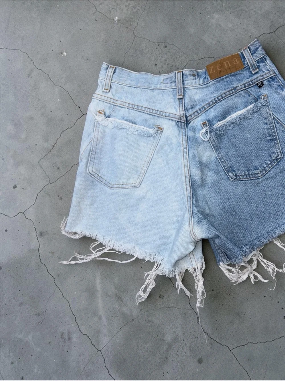 Zena Two-Tone Frayed Denim Cutoff Shorts - Blue/Light Blue